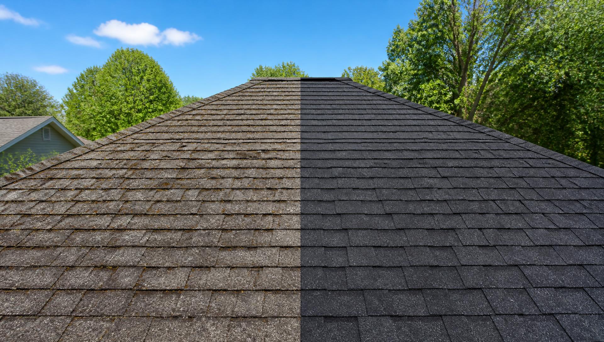 Asphalt shingle roof shown weathered on one side and renewed on the other
